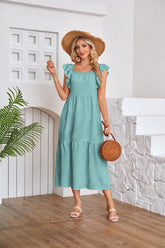 Flying Sleeve Square Neck Off Shoulder Pleated Hem Dress AAKA-001